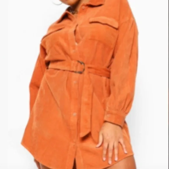 PLUS CORD VOLUME SLEEVE BELTED MINI DRESS - RUST - Picture 1 of 3